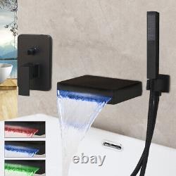 Black LED Widespread Waterfall Bathtub Filler 2-Way Mixer Valve Hand Shower Taps