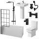 Complete Bathroom Suite Black Bath Shower Screen Basin Pedestal Toilet Taps 1700