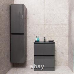 Floor Standing Grey Vanity Unit Integrated Handles & Grey Glass Basin 60cm