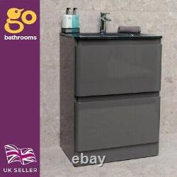 Floor Standing Grey Vanity Unit Integrated Handles & Grey Glass Basin 60cm