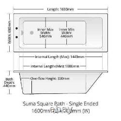 Suma 1600 x 700mm White Acrylic Square Single Ended Bath with Panel Options