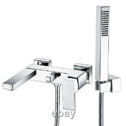 Wall Mounted Bath Shower Mixer Tap Modern Chrome with Handheld Square Shower